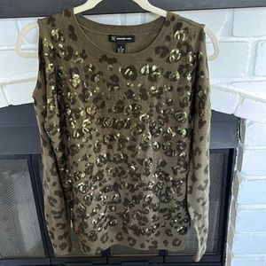 INC leopard print, olive green sweater. Cold shoulder, size S.
